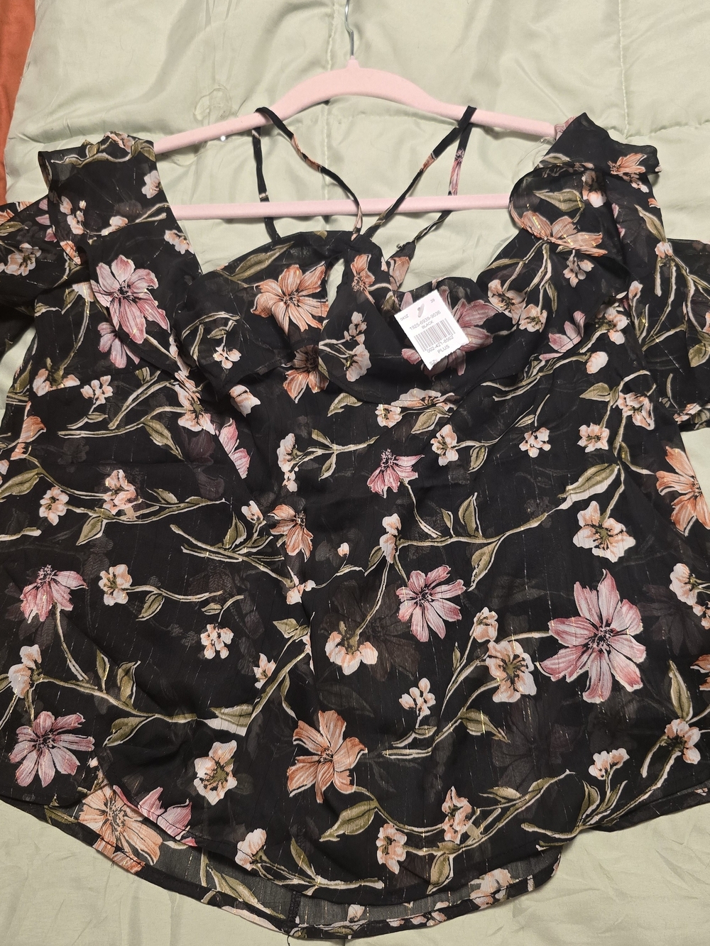 Floral Ruffle Cold-Shoulder Top - Black with Pink/Peach Flowers - Picture 3 of 6